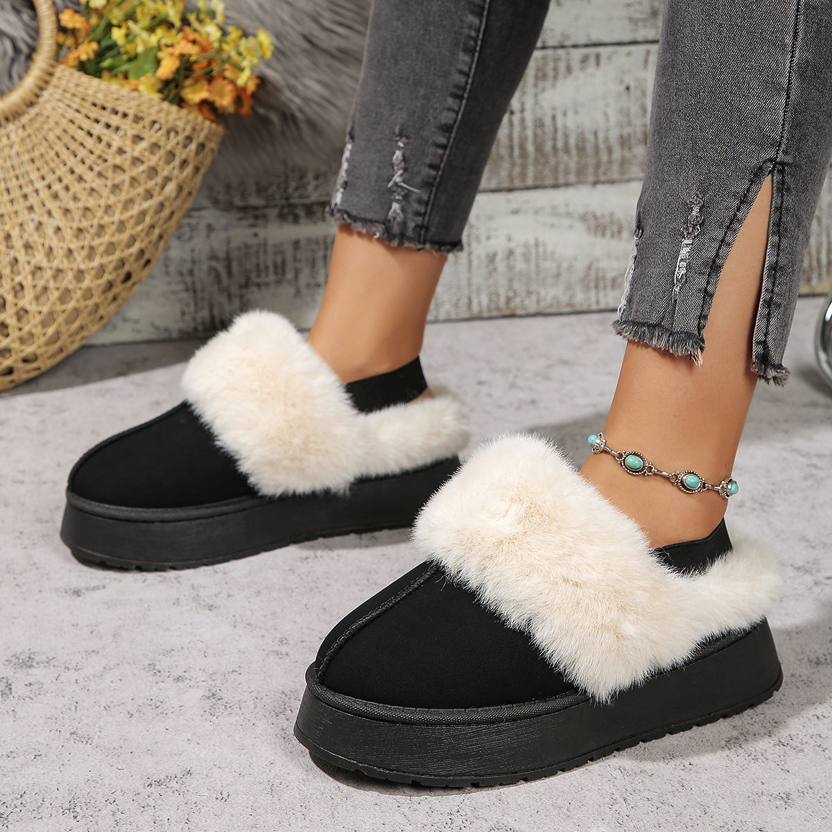 Winter Plush Home Slippers With Back-heeled Elastic Band Design