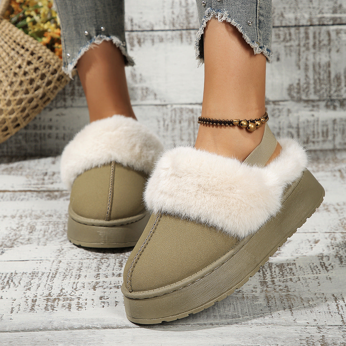 Winter Plush Home Slippers With Back-heeled Elastic Band Design