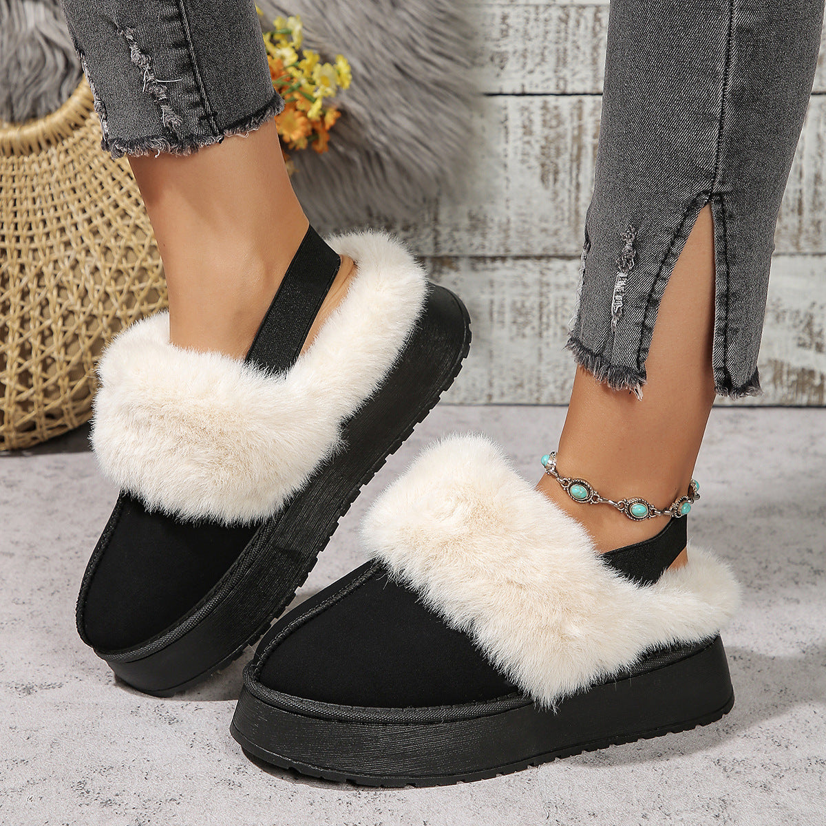 Winter Plush Home Slippers With Back-heeled Elastic Band Design