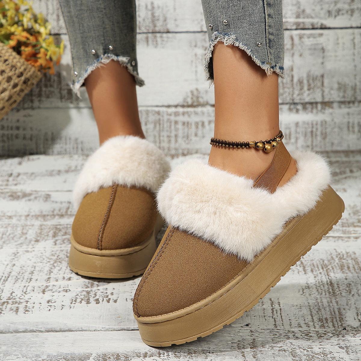 Winter Plush Home Slippers With Back-heeled Elastic Band Design